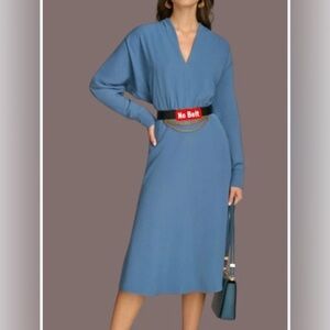 Donna Karan Slate Blue V-Neck Long Sleeve Midi Dress